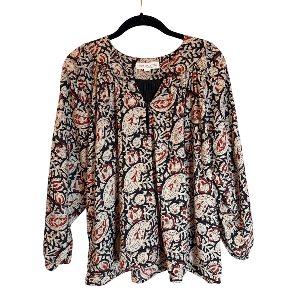 Emerson Fry India Collection Organic Cotton Paisley Boho‎ Blouse Red Black Small